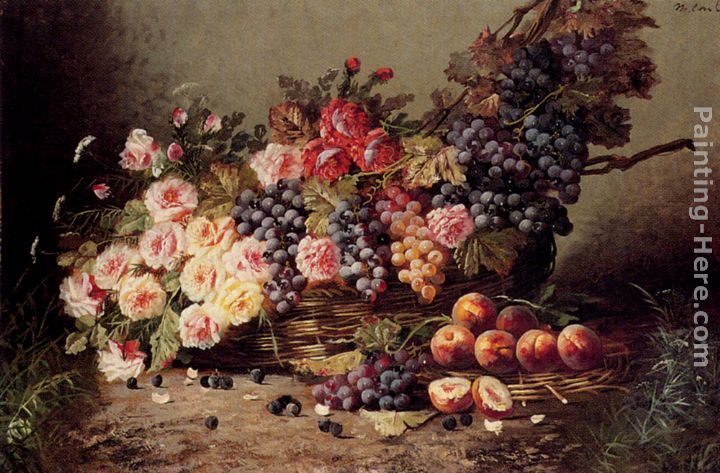 Modeste Carlier Still Life Of Roses, Peaches And Grapes In A Basket